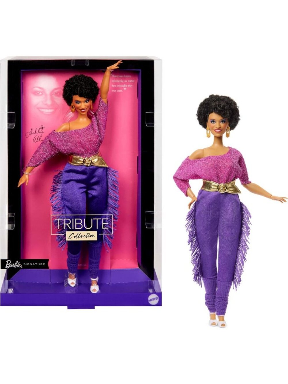 Posable Tribute Doll with Off-Shoulder Top, Gold Belt, Purple Fringe Pants & Leg